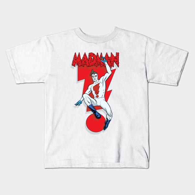 MADMAN Bolt Leap with Shadow on white Kids T-Shirt by MICHAEL ALLRED